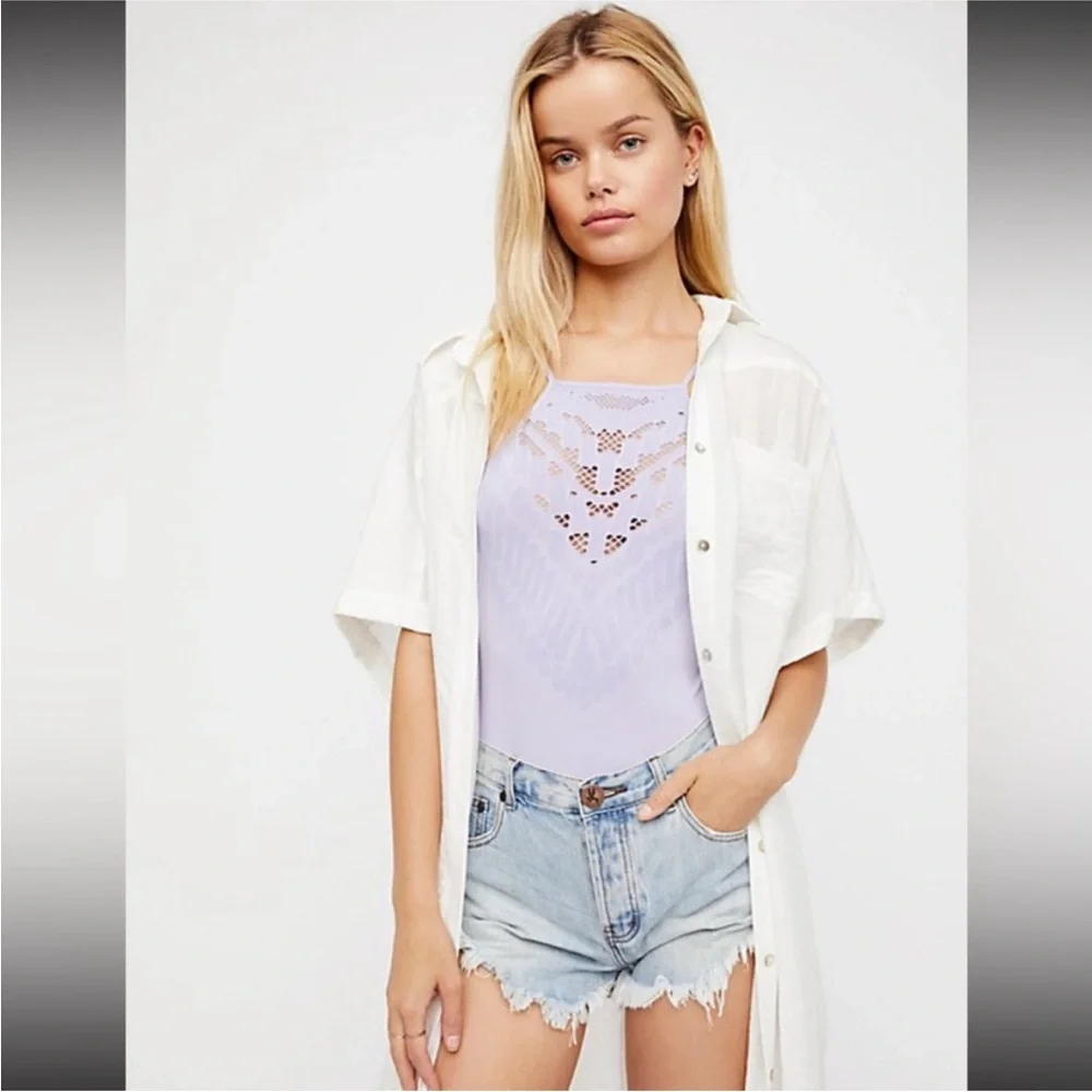 NEW Free People High Neck Bodysuit NWOT Solstice Lasercut Purple Intimat… - Picture 7 of 12